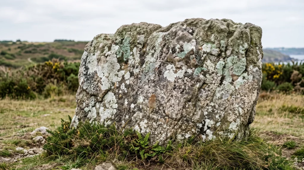 Illustration d’un bloc de granit couvert de lichens au bord d’une prairie