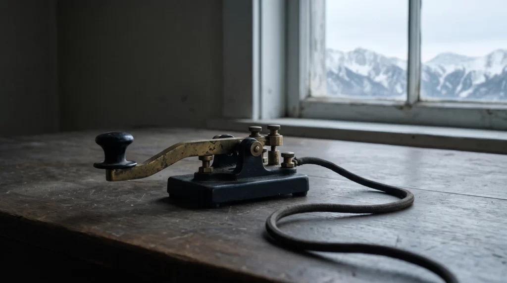 Illustration d’un manipulateur Morse sur une table devant des montagnes enneigées
