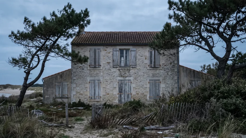 Illustration fictive d’une vieille maison aux volets fermés entre des pins près de la mer