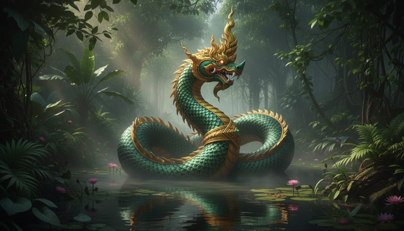 découvrez la créature mythique du naga, serpent divin légendaire du folklore sud-est asiatique, symbole de protection et de puissance.