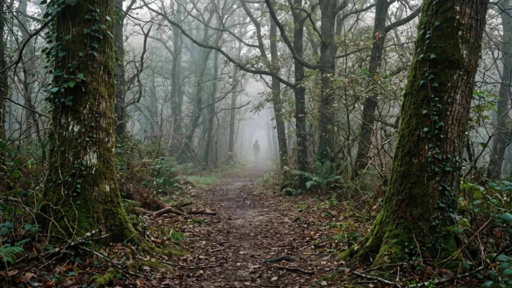 Silhouette blanche fictive sur un sentier entre des arbres et une brume légère
