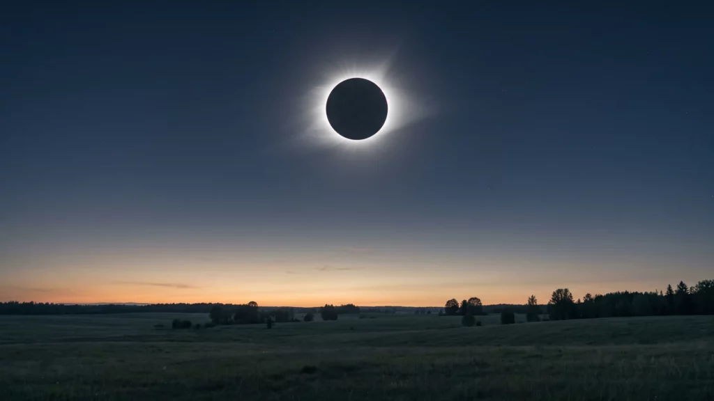 Illustration d’une éclipse solaire totale avec une couronne blanche au-dessus d’un horizon rural