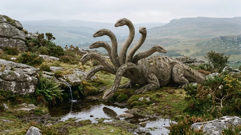 Dragon imaginaire à sept têtes au bord d’une source dans un paysage rocheux