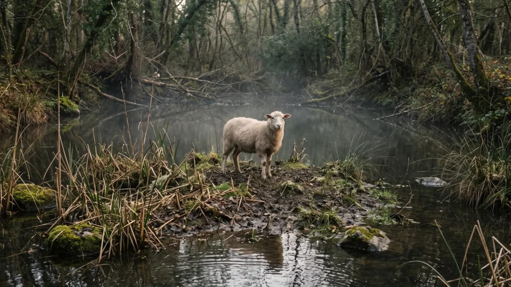 Illustration d’un petit mouton sur un îlot boueux au milieu d’une mare bordée de roseaux